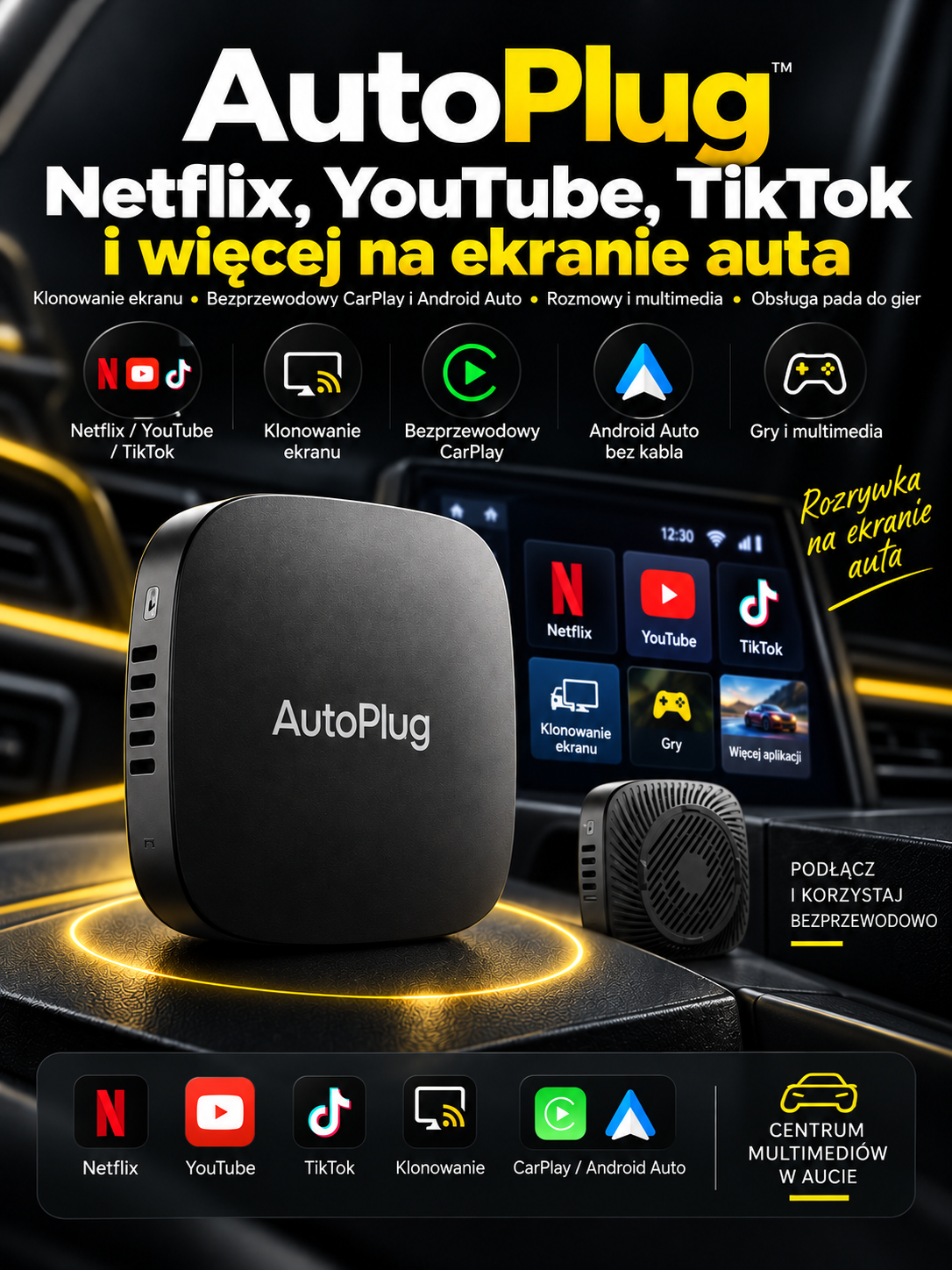 AutoPlug PlayBox™ - Netflix, YouTube i TikTok na Ekranie Auta + CarPlay & Android Auto